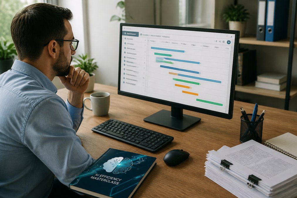 A business professional at a desk transitioning from paper documents and stacked PDFs to a digital project management interface displayed on their computer screen, with organized digital workspace visible