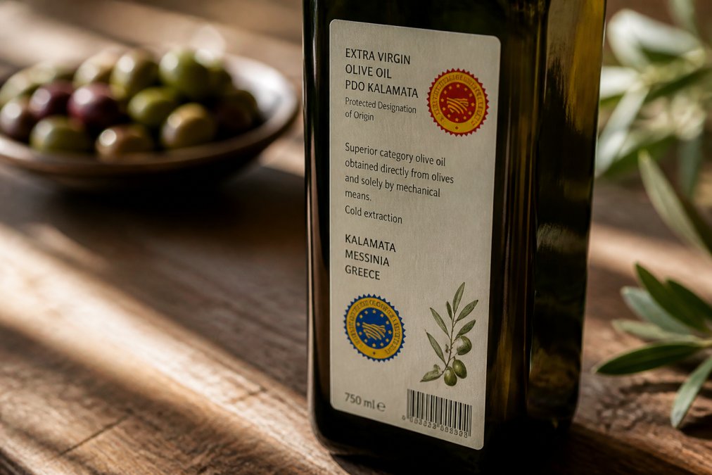 Close-up van een originele fles extra vierge olijfolie op een houten tafel, waarbij het etiket met het rood-gele EU-kwaliteitslogo duidelijk leesbaar is, zacht daglicht van links