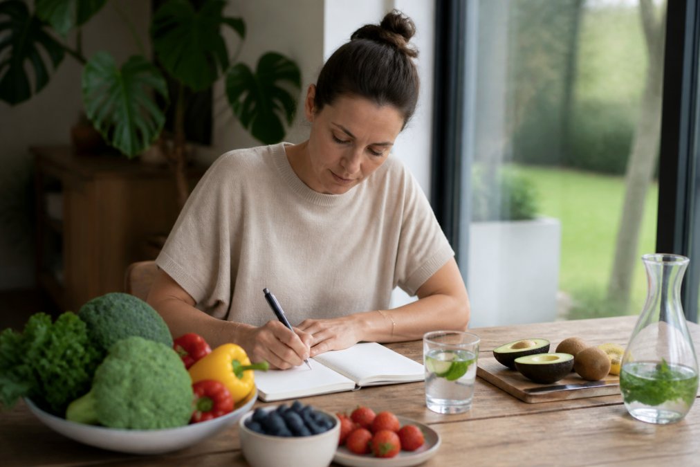 Iemand schrijft in een voedingsdagboek terwijl hij of zij aan een tafel zit met gezonde voedingsmiddelen zoals groenten, fruit en water