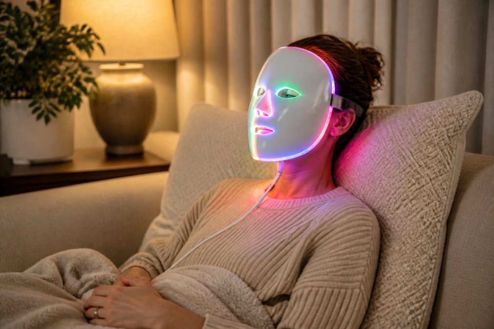 Een vrouw zit ontspannen op haar bank met een 7-kleuren LED-masker op haar gezicht, warm sfeervol licht in de woonkamer, zachte kussens op de achtergrond