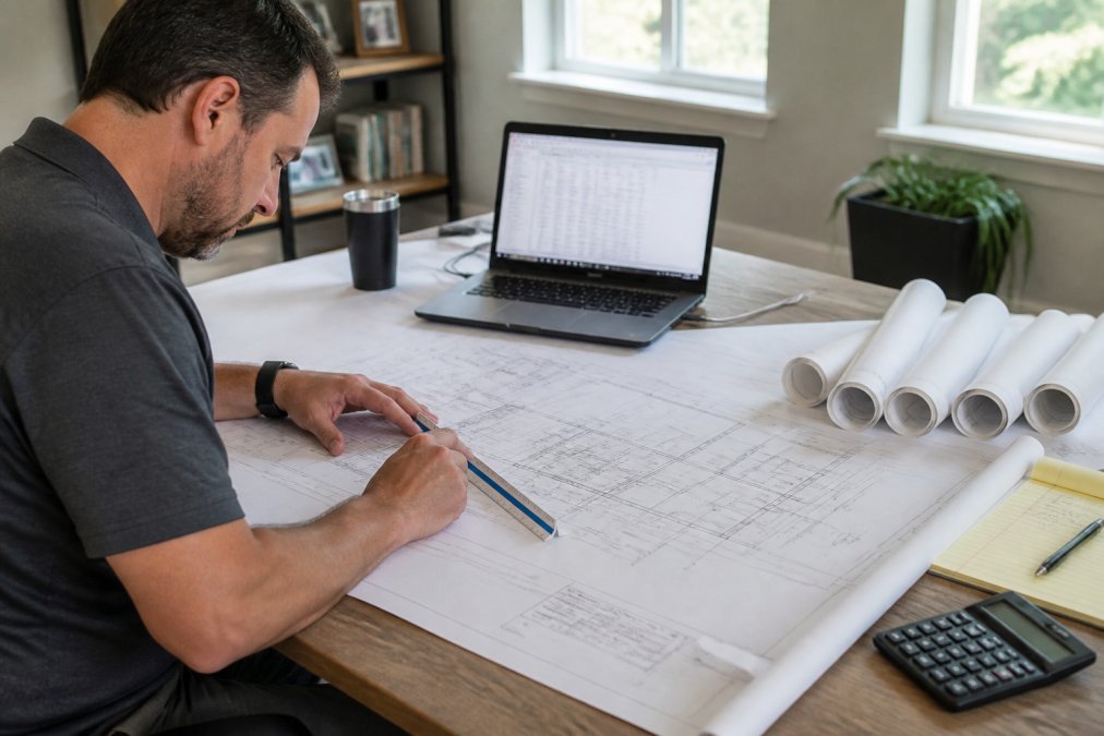 A structural engineer in a home office reviewing large-format blueprints spread across a desk, with a laptop showing calculation software and a scale ruler visible