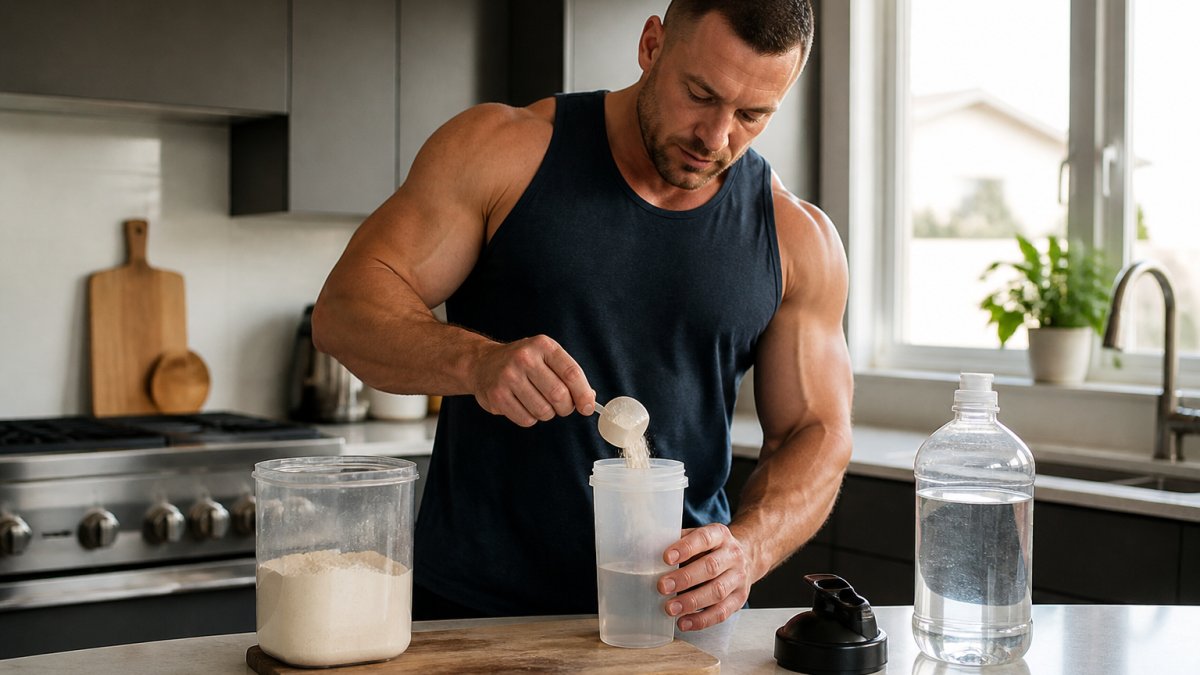 Athlete preparing a protein shake with plant-based powder in a sunlit kitchen