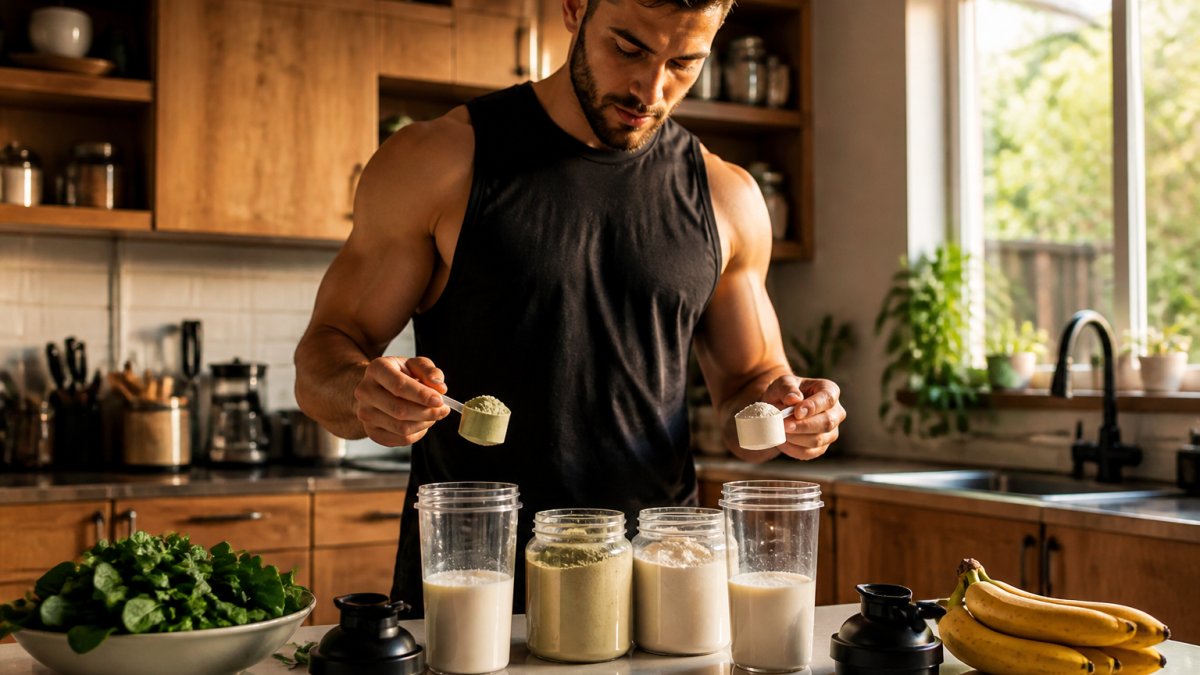 A plant-based athlete in workout gear preparing two protein shakes on a kitchen counter, one with pea protein powder and one with rice protein powder, with fresh spinach and bananas nearby