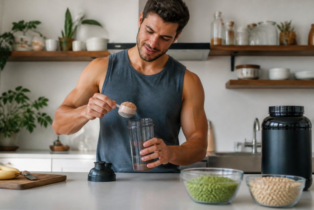 A plant-based athlete in a bright kitchen scooping chocolate protein powder into a shaker bottle, with a bowl of peas and soybeans visible on the counter
