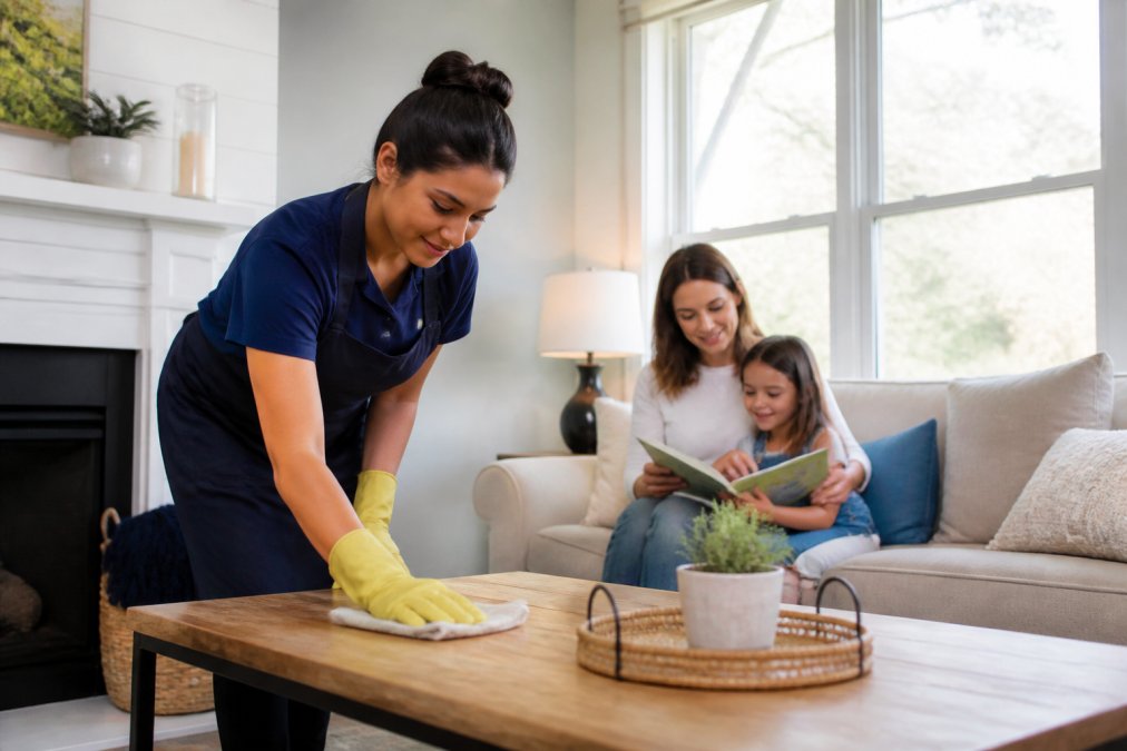 Infographic showing how a professional cleaner provides busy families with peace of mind through a tidy home.