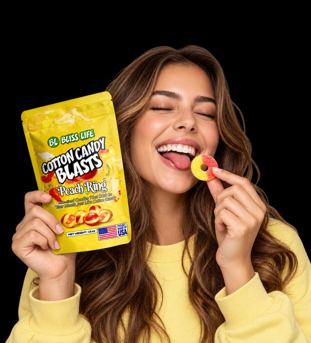 Customer enjoying peach ring cotton candy Blasts