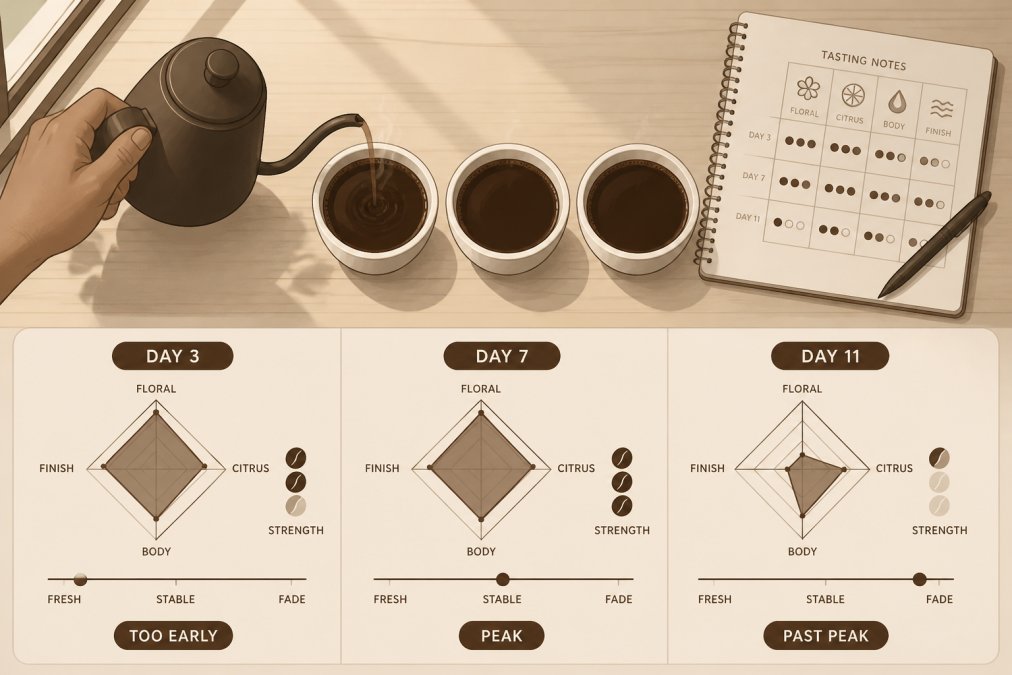 Step-by-step guide showing the tasting process to determine peak coffee freshness with pour-over tools and notes