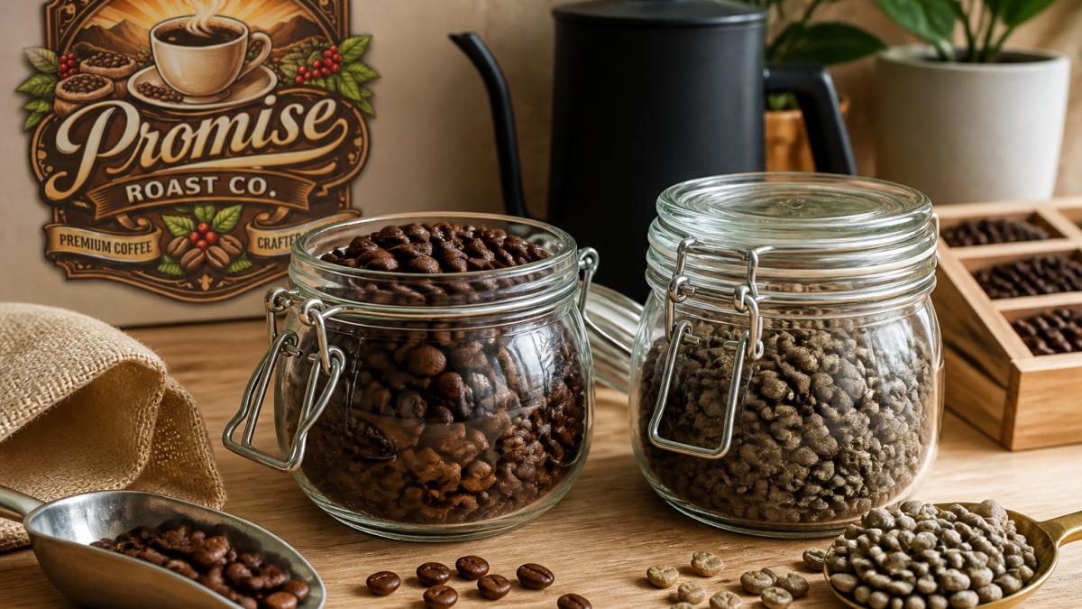Shiny, fresh peak freshness premium roast coffee beans next to dull, stale beans in containers on wood