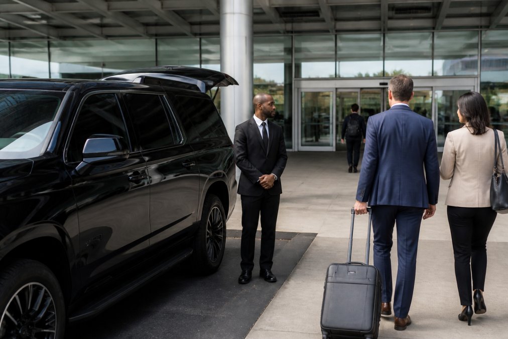 Luxury black SUV parked at airport terminal entrance with professional driver standing beside vehicle, business passengers with luggage approaching from terminal doors, morning light