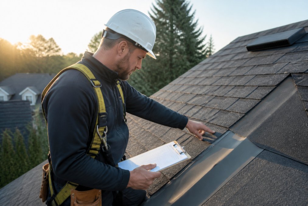 Licensed roofing contractor in safety harness and hard hat performing detailed roof inspection with clipboard, examining shingles and flashing while standing on residential roof in morning sunlight