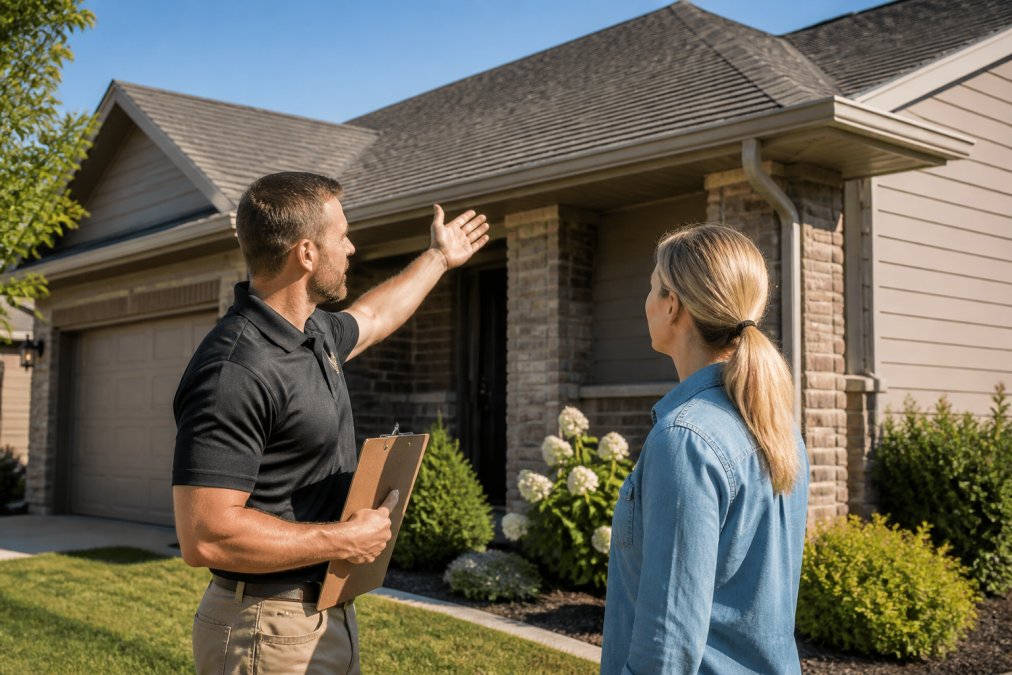 Homeowner and professional roofing contractor standing in front of residential home discussing maintenance plan while gesturing toward well-maintained roof with clear gutters and proper drainage in afternoon sunlight