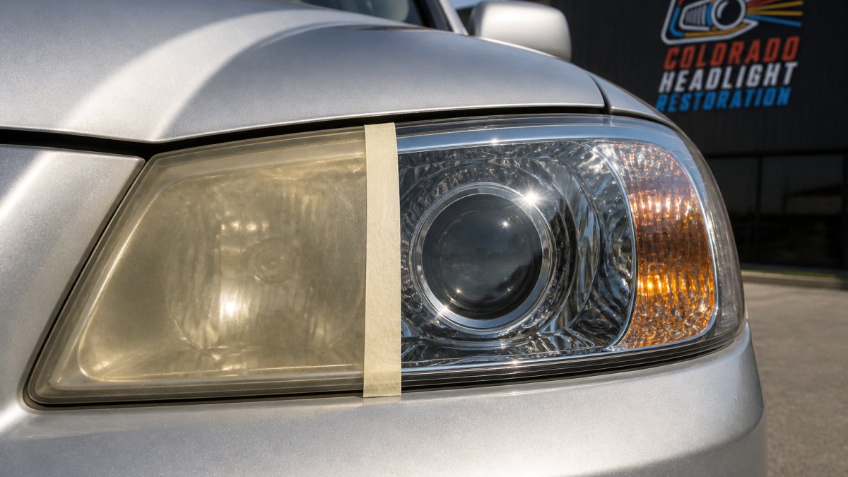 Close-up of a cloudy, yellowed headlight lens beside a restored clear headlight showing dramatic improvement in lens clarity and light transmission under natural sunlight