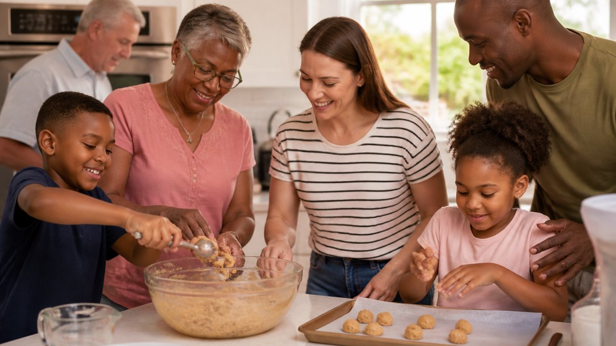 A diverse group of people, including Black and white individuals of different ages and sexes, gathered in a bright home kitchen, mixing cookie dough in a large bowl and shaping cookies on a baking sheet. Lura's Kitchen cookie mix box is visible on the counter. Natural lighting, candid, lifelike, not AI-generated.