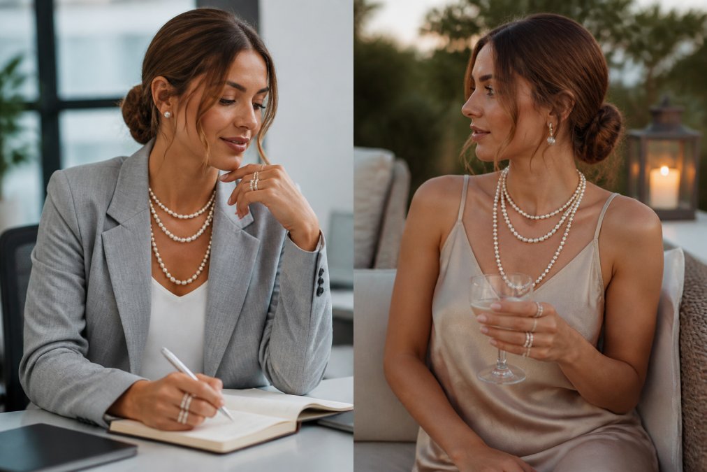 Woman in professional office setting wearing layered pearl necklaces of varying lengths and stacked pearl rings on multiple fingers, transitioning from business attire to casual evening wear with natural lighting highlighting the lustre of the pearls