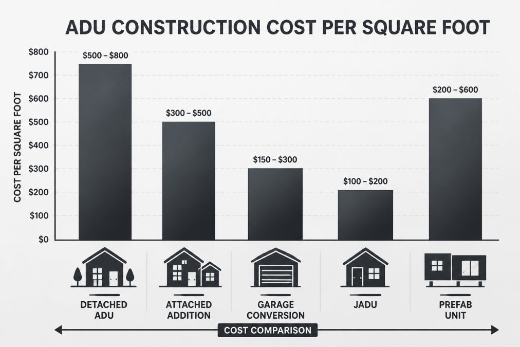 Bar chart comparing cost per square foot ranges: Detached ADU higher, Attached Addition moderate, Garage Conversion lower, JADU lowest, Prefab unit variable