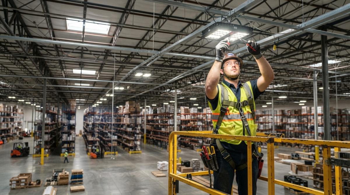 Professional electrician installing high-bay LED fixtures in a large warehouse space with safety equipment, showing the height and scale of industrial lighting installation