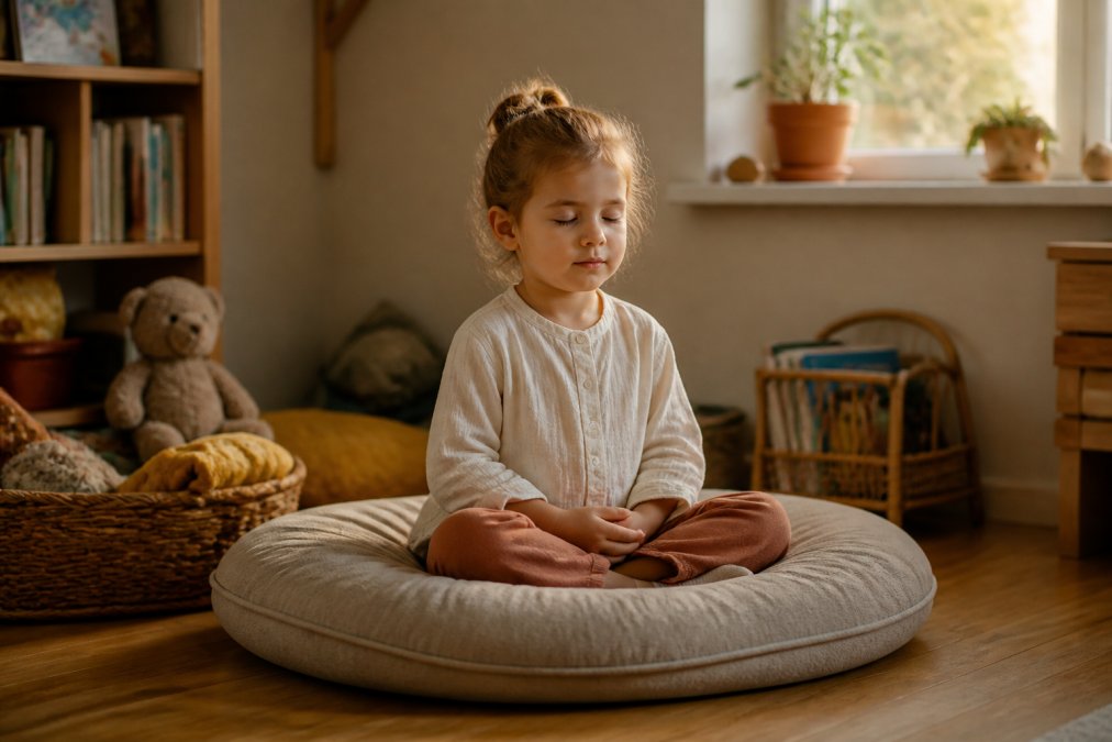 Et barn i rolig positur sitter på et mykt pute i hjemmet, med fokusert og fredelig ansiktsuttrykk. Rommet er mykt opplyst med naturlig lys, med varme farger og en fredelig atmosfære.