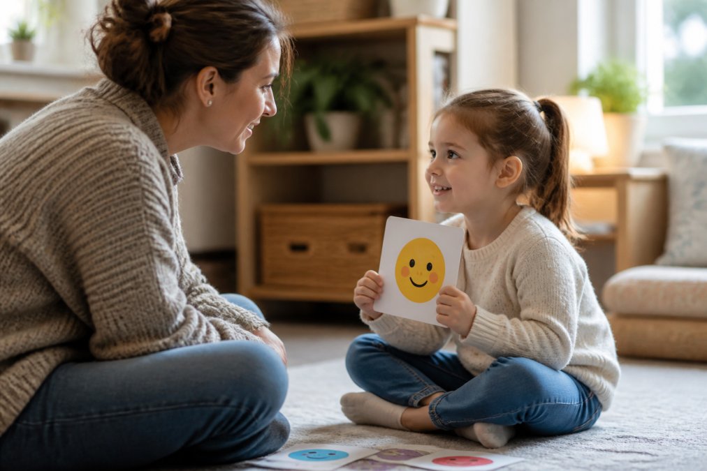 En forelder og et barn sitter på gulvet ansikt til ansikt i et lyst og hjemmekoselig rom, barnet holder et fargelagt følelseskort med et smilende uttrykk, begge ser rolig og engasjert ut i naturlig dagslys