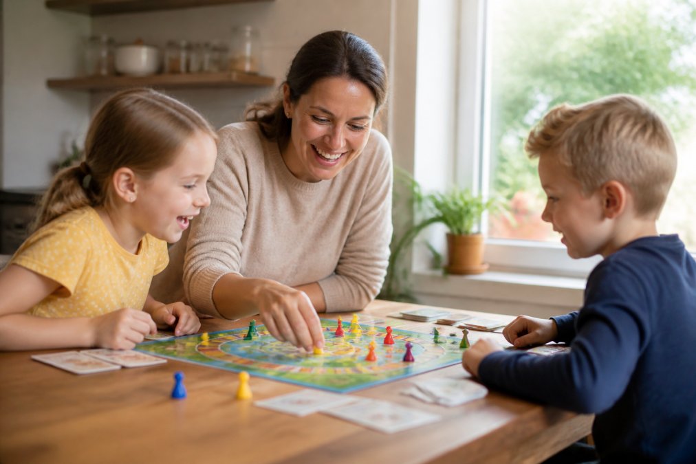 To barn og en voksen sitter rundt et trebord og spiller et brettspill med fargerike brikker og kort, alle tre er engasjerte og ler lett, naturlig dagslys faller inn fra et vindu til siden