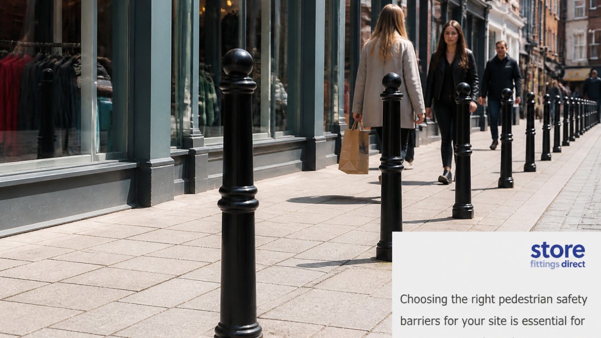 Black cast iron bollards with decorative banding lining a paved walkway outside a busy town centre shopfront