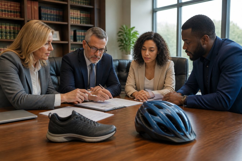 A diverse group of people gathered around a wooden table in a bright law office, examining documents and a laptop, with a bicycle helmet and a pedestrian's shoe placed nearby as visual context