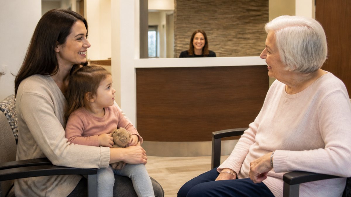 A warm, bright family clinic waiting area with a parent holding a young child and an older adult sitting nearby, a receptionist smiling in the background