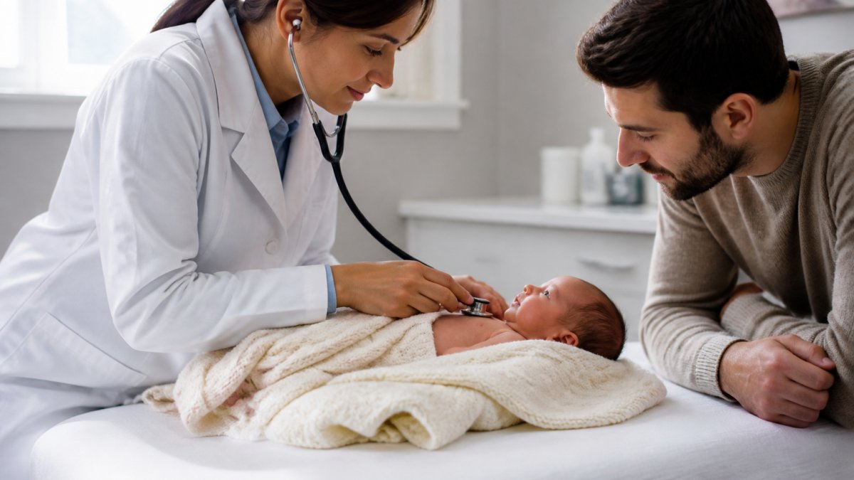 A pediatrician examining a calm newborn in a bright clinic room while a parent watches closely, with a stethoscope and soft blanket visible