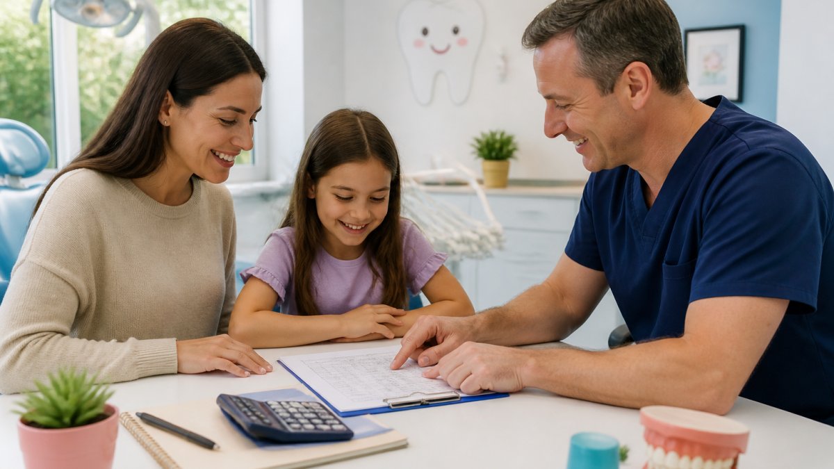 Parent and child sitting with a pediatric dentist in a bright, welcoming dental office while reviewing an itemized treatment cost estimate document on the desk together Parent and child sitting with a pediatric dentist in a bright, welcoming dental office while reviewing an itemized treatment cost estimate document on the desk together