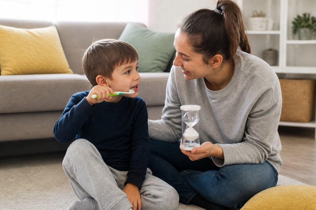 Parent and child practicing a calm toothbrushing routine at home to prepare for a pediatric dentist for autistic child. Parent and child practicing a calm toothbrushing routine at home to prepare for a pediatric dentist for autistic child.