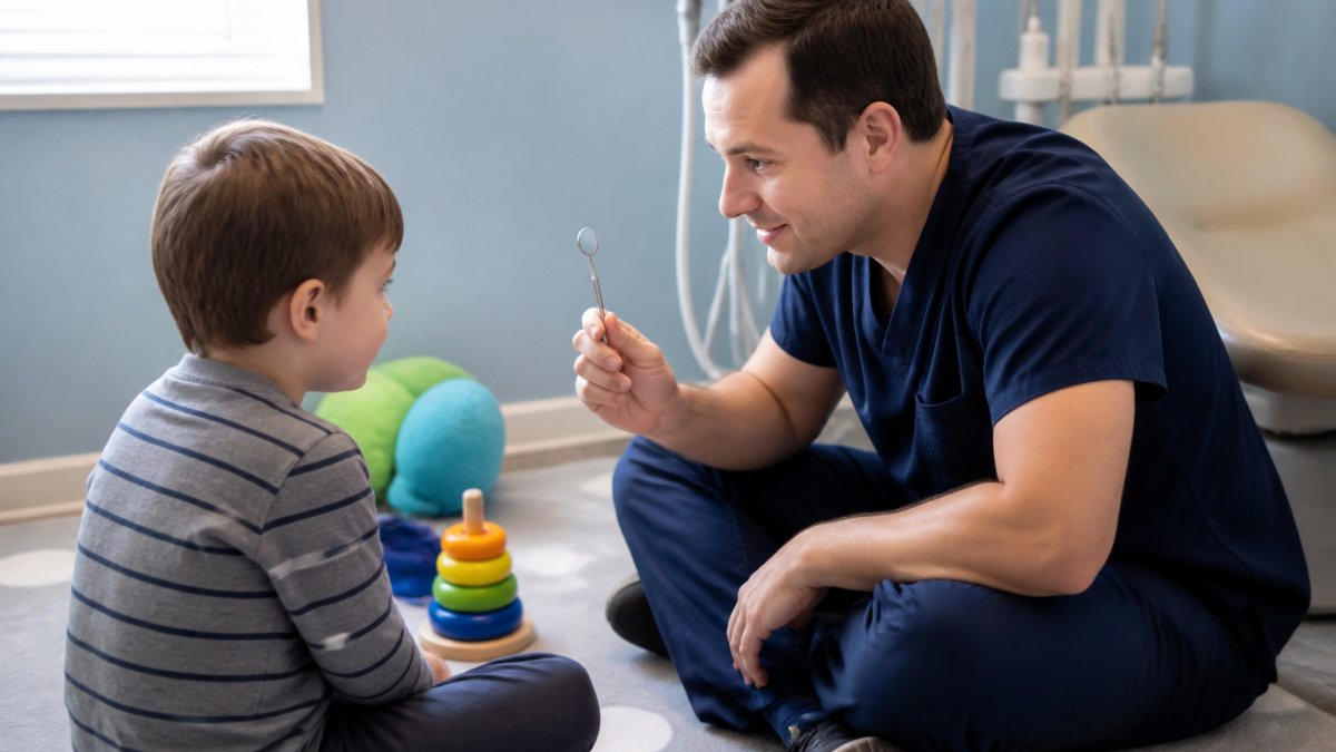 A pediatric dentist sitting on the floor at eye level with a young child, showing a dental mirror in a calm, softly lit treatment room with sensory-friendly toys nearby A pediatric dentist sitting on the floor at eye level with a young child, showing a dental mirror in a calm, softly lit treatment room with sensory-friendly toys nearby