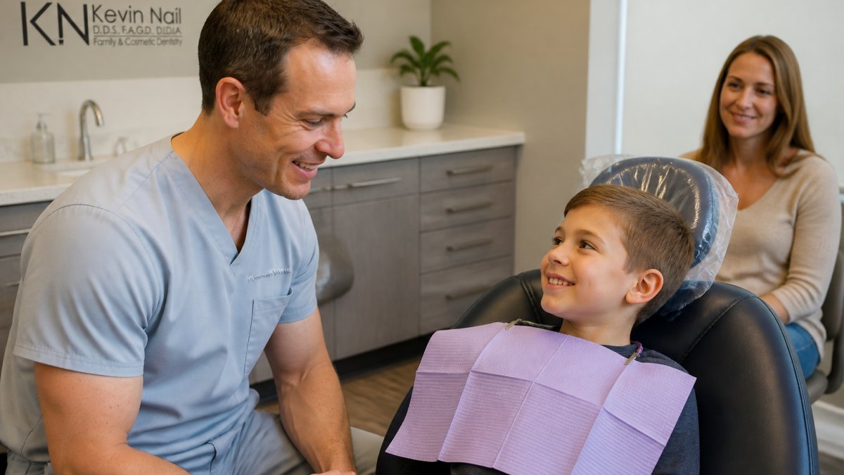 A calm pediatric dental operatory with soft, warm lighting where a friendly dentist in light-colored scrubs speaks reassuringly to a young child seated in the dental chair, with a parent visible in the background appearing relaxed and supportive