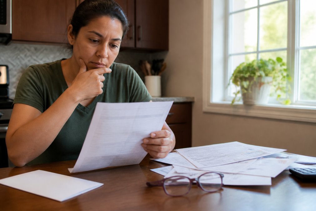 Parent reviewing insurance documents and eye care bills at a kitchen table with a child's glasses nearby, natural afternoon lighting through a window
