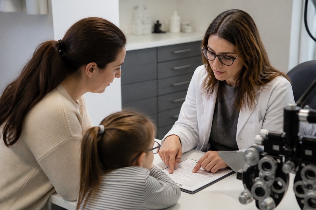 Healthcare professional explaining coverage details to a parent during a pediatric eye exam consultation in a modern clinic setting with soft lighting