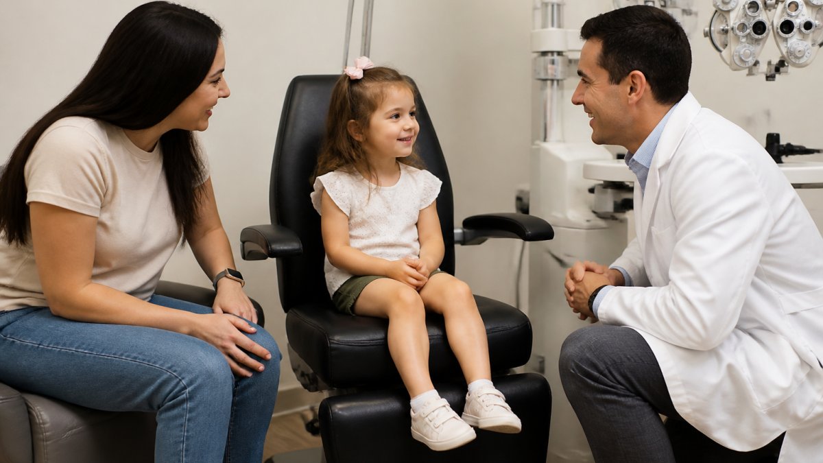 Friendly optometrist speaking with a young child during a pediatric eye exam in a bright clinic room