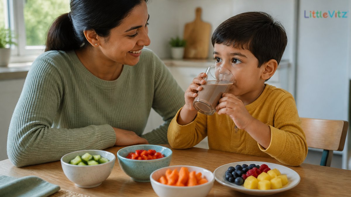 A parent and young child sitting at a bright kitchen table, the child drinking a chocolate-coloured milk drink from a cup while small bowls of chopped fruit and vegetables sit nearby