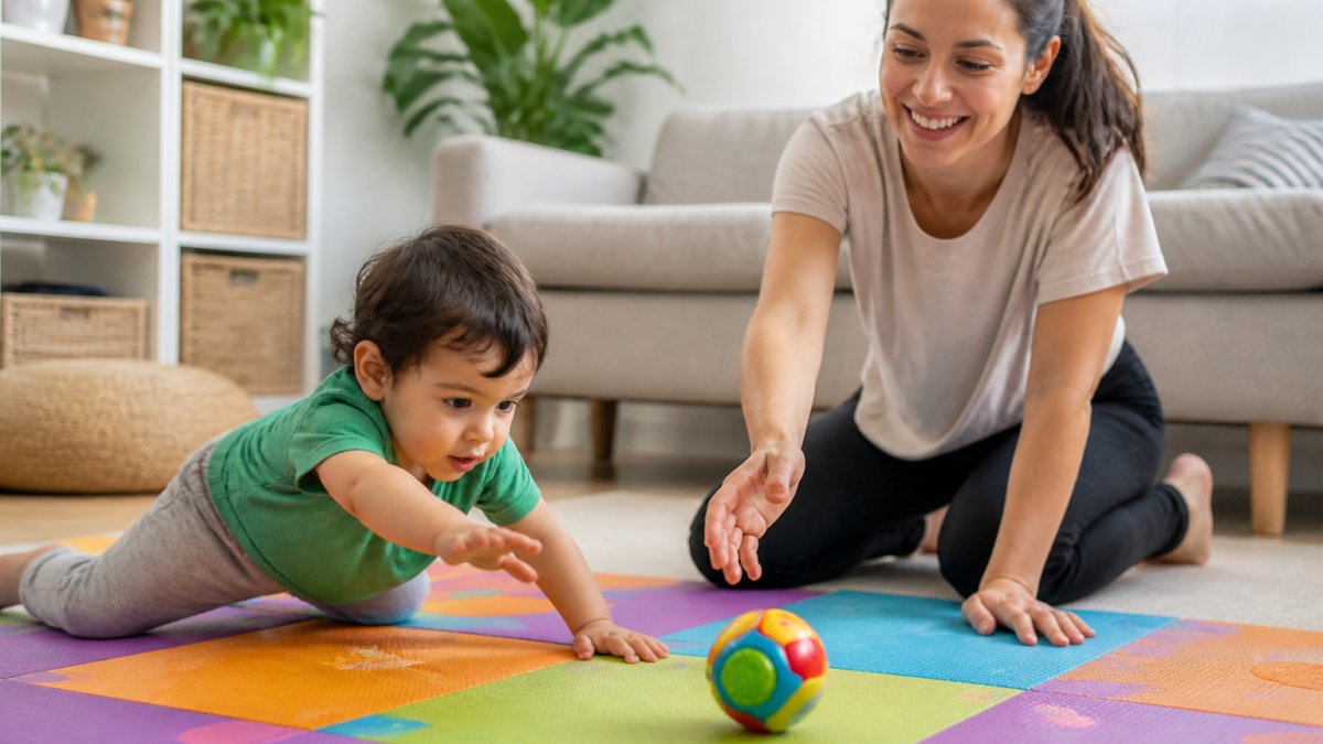 Young child on colorful play mat reaching for toy with parent nearby offering encouragement and support in bright home setting