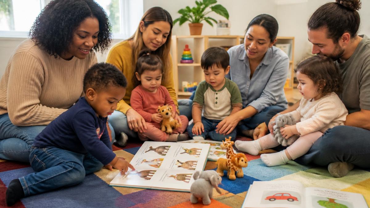 Diverse toddlers and caregivers playing with books and animal toys during a pediatric speech therapy session