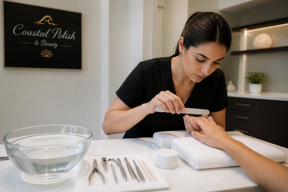 A nail technician in a bright, modern salon carefully shaping a client's nails with a file, with neatly arranged tools and a bowl of warm water nearby