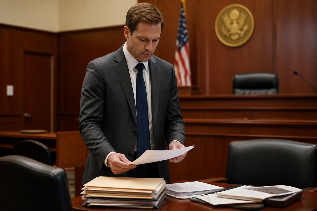 Professional attorney in business suit standing at the defense table in a modern courtroom, reviewing case files with focused concentration and calm demeanor