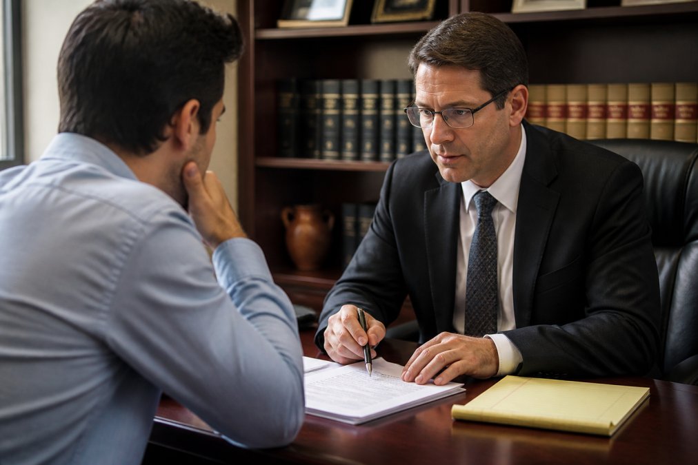 Attorney and client in serious consultation across a desk in a professional office, with legal documents and notepad visible, engaged in focused discussion with concerned but attentive expressions