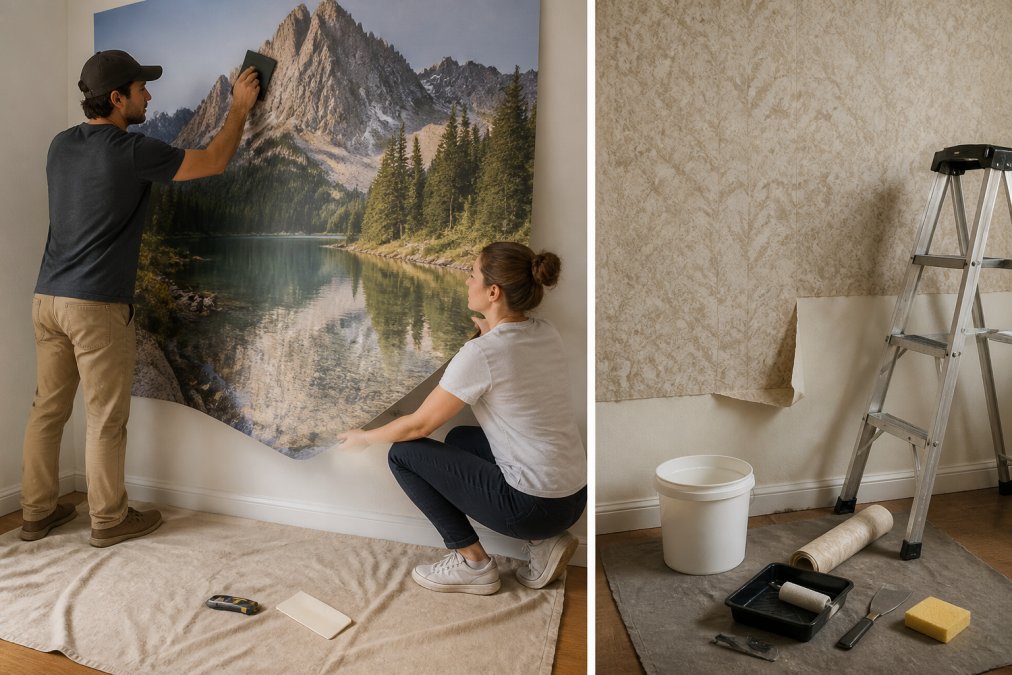 Two people installing a peel and stick mural on a living room wall using a smoothing tool and utility knife.