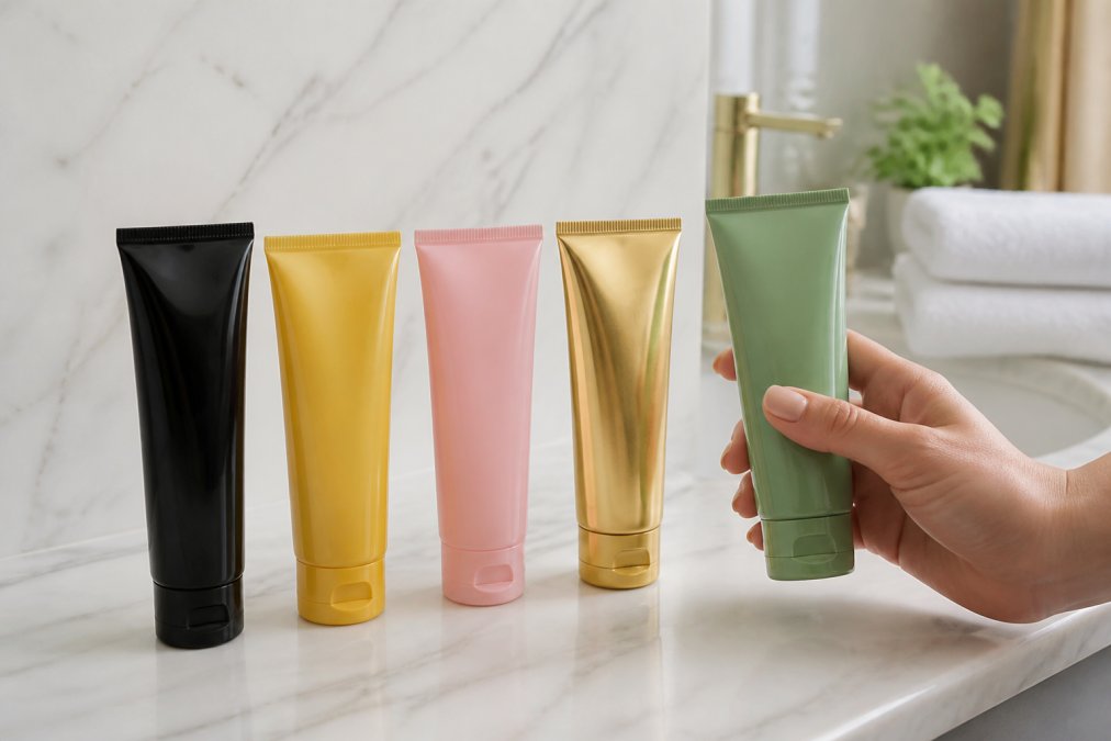Vijf verschillende peel-off masker tubes in zwart, geel, roze, goud en groen op een witte marmeren badkamerplank, met een hand die één tube vasthoudt