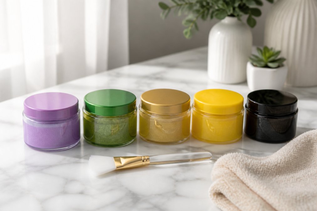 Vijf verschillende Addicted Beauty maskerpotjes in paars, groen, goud, geel en zwart op een witte marmeren tafel, met een zachte handdoek en een siliconen maskerkwast ernaast, natuurlijk daglicht