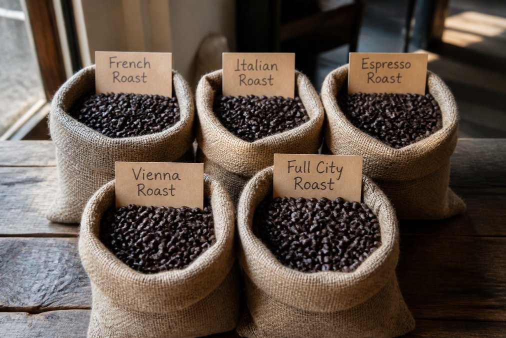 Five open burlap bags of dark roasted coffee beans arranged on a rustic wooden table, each with a small handwritten label showing the roast name, soft natural window light casting gentle shadows across the scene
