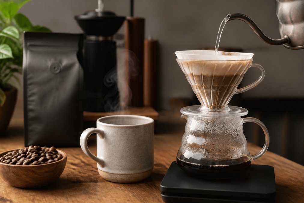 A close-up, warm-lit photograph of a pour-over coffee setup on a wooden counter, with steam rising from a ceramic mug and a bag of artisanal coffee beans slightly blurred in the background