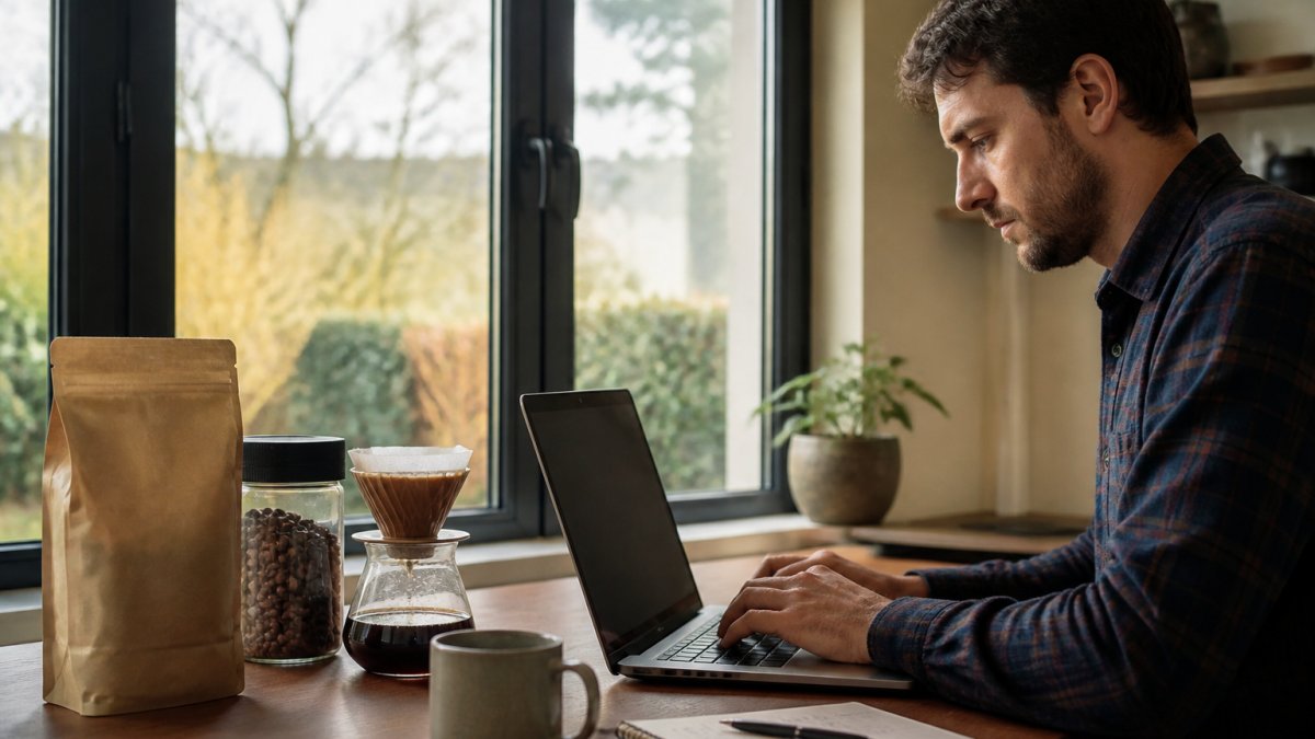 A home office desk with a laptop, a pour-over coffee setup, and a bag of whole bean coffee, with morning light coming through a window