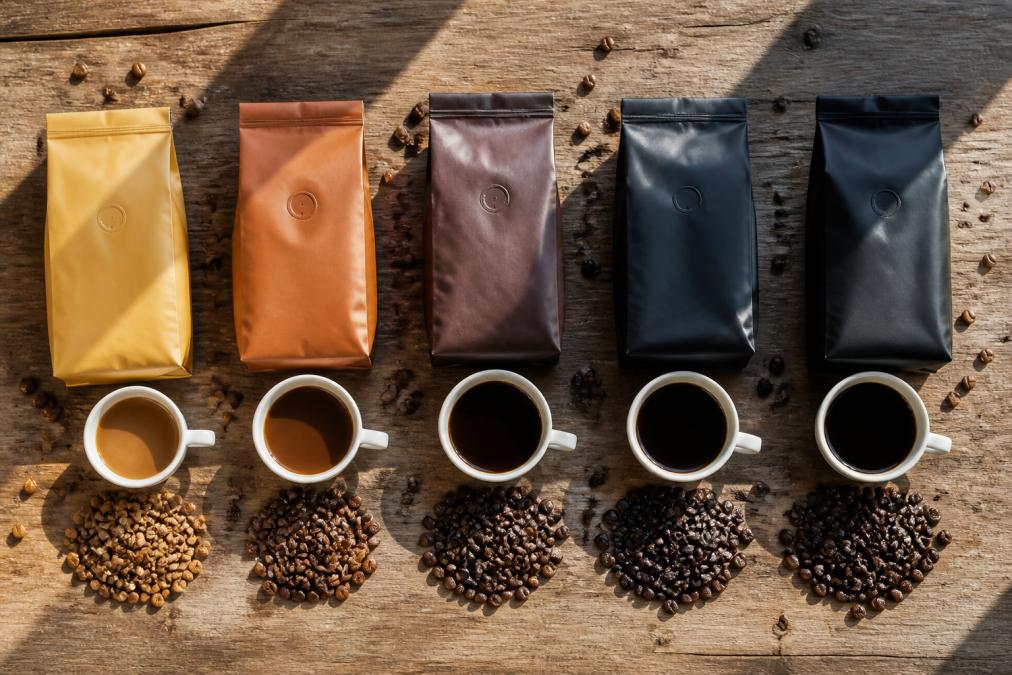 Overhead view of five different coffee bags and cups arranged on a wooden table, each showing distinct roast colors from light to dark, with coffee beans scattered nearby and morning sunlight casting shadows across the setup