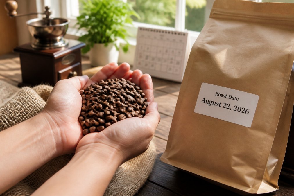 Close-up of hands holding whole coffee beans next to a printed roast date label reading "August 22, 2026," with a calendar and manual coffee grinder visible in the background, natural window light illuminating the scene