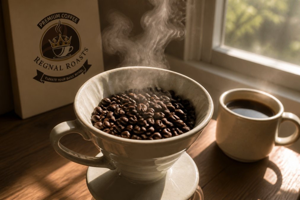Close-up of dark roast coffee beans in a ceramic pour-over dripper with steam rising, morning sunlight streaming through a window onto a wooden table with a coffee cup nearby