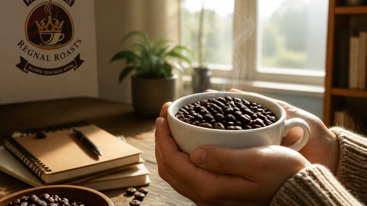 Close-up of dark roasted Toraja coffee beans in a white ceramic cup with steam rising, hands holding the warm cup in a cozy home workspace with soft morning light
